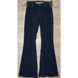 Vintage Y2K 2000's Mudd Jeans Dark Blue Denim Lace Up Hips Flare Leg Pants 28x30